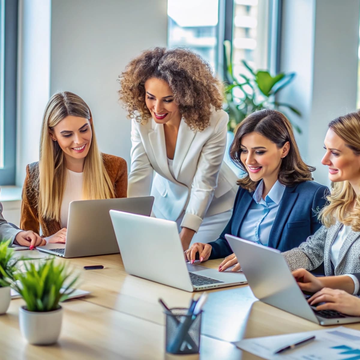 Group of businesswomen collaborating together at laptops